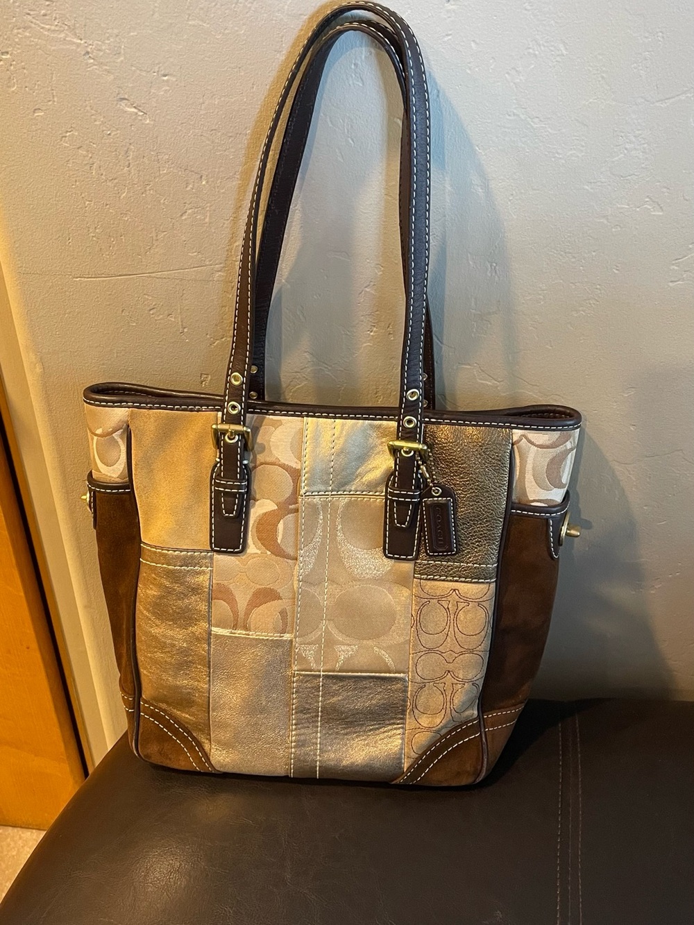 Coach holiday Patchwork Tote Bag Brown gold Trim y2k suede leather fall colors